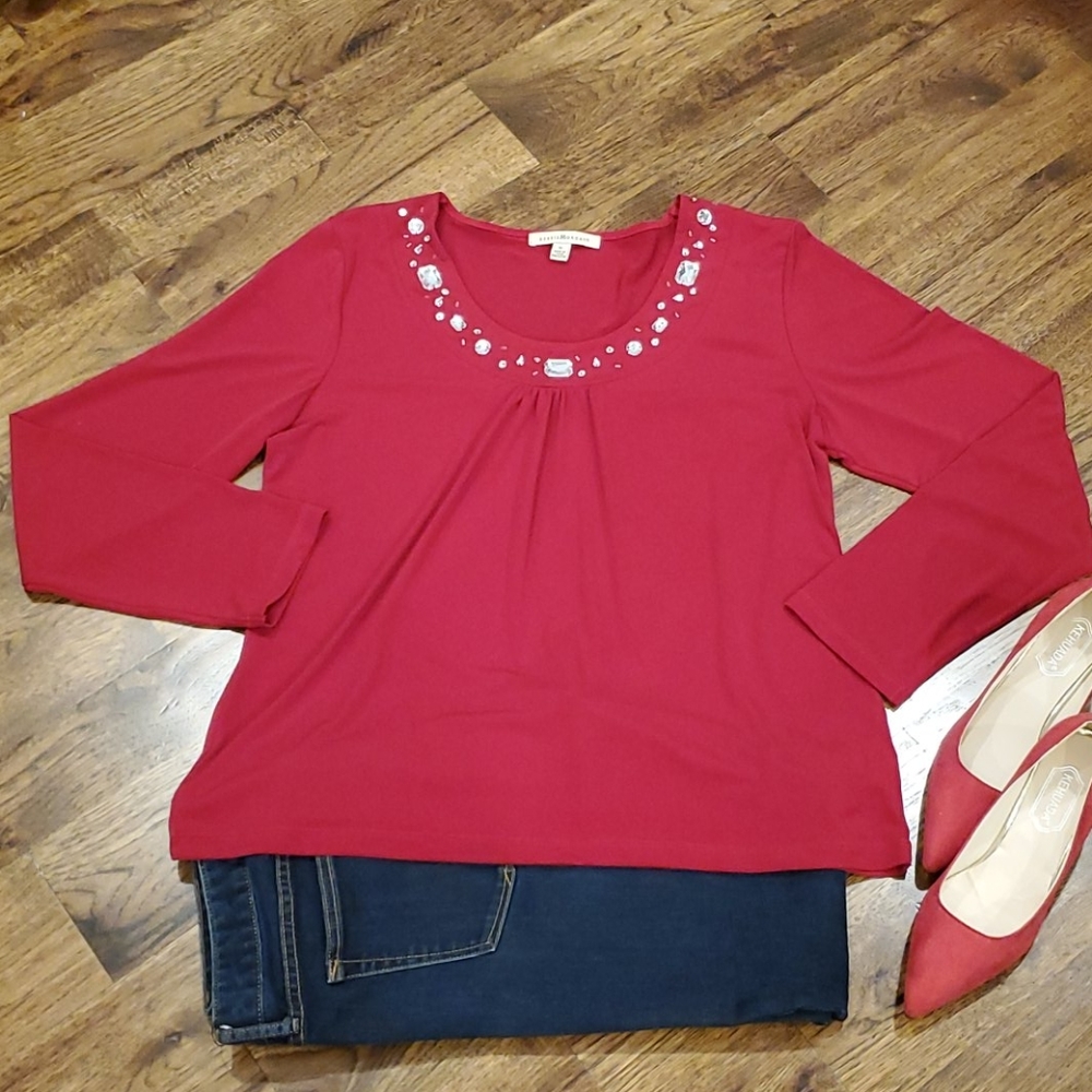 Womens Debbie Morgan red rhinestone top size XL